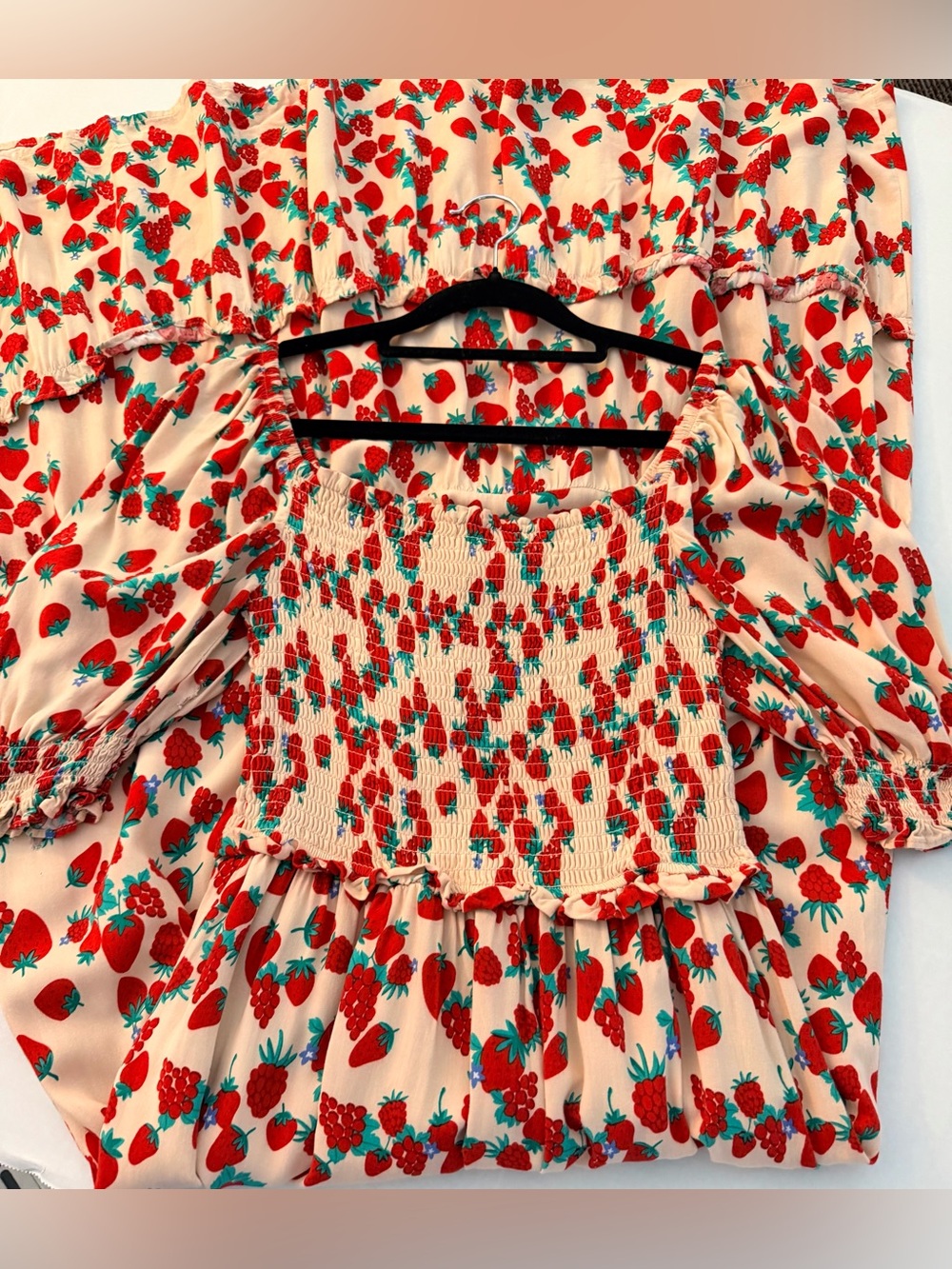 Betsey Johnson Flowy Strawberry & Raspberry Print Smocked Maxi Dress, Size S - Picture 7 of 11